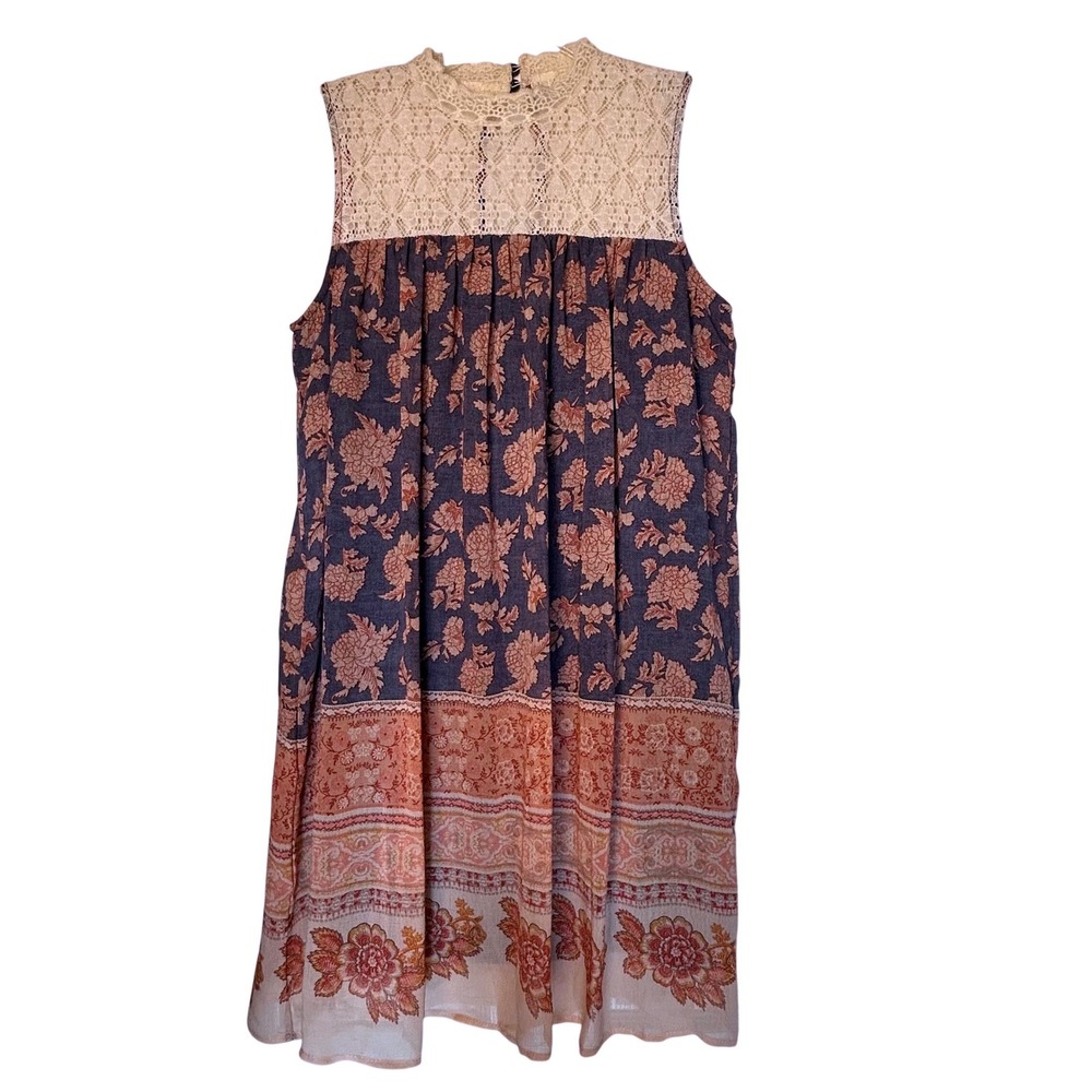 Xhilaration Girl's Floral Lace Yoke Sleeveless Boho Dress Blue Coral Size M